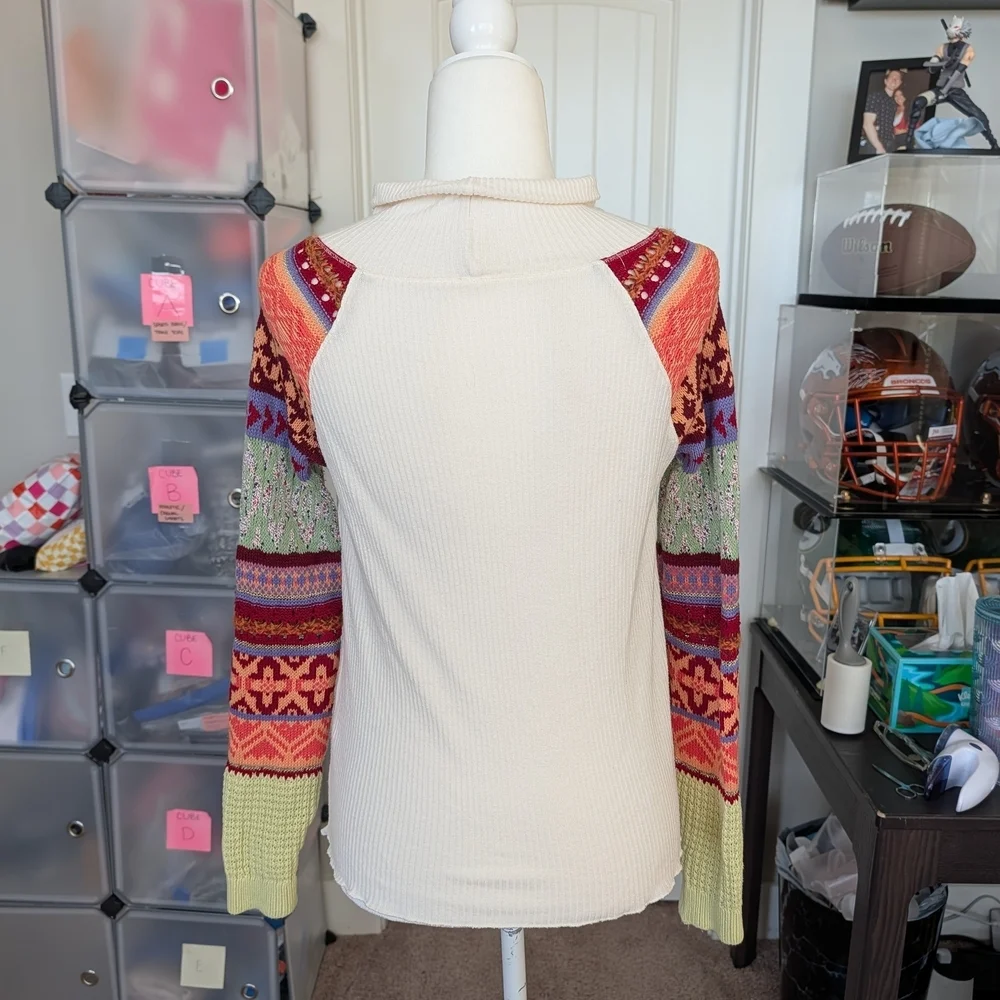 Free People Ivory Prism Ribbed Knit Sleeve Mock Neck Sweater Size XS